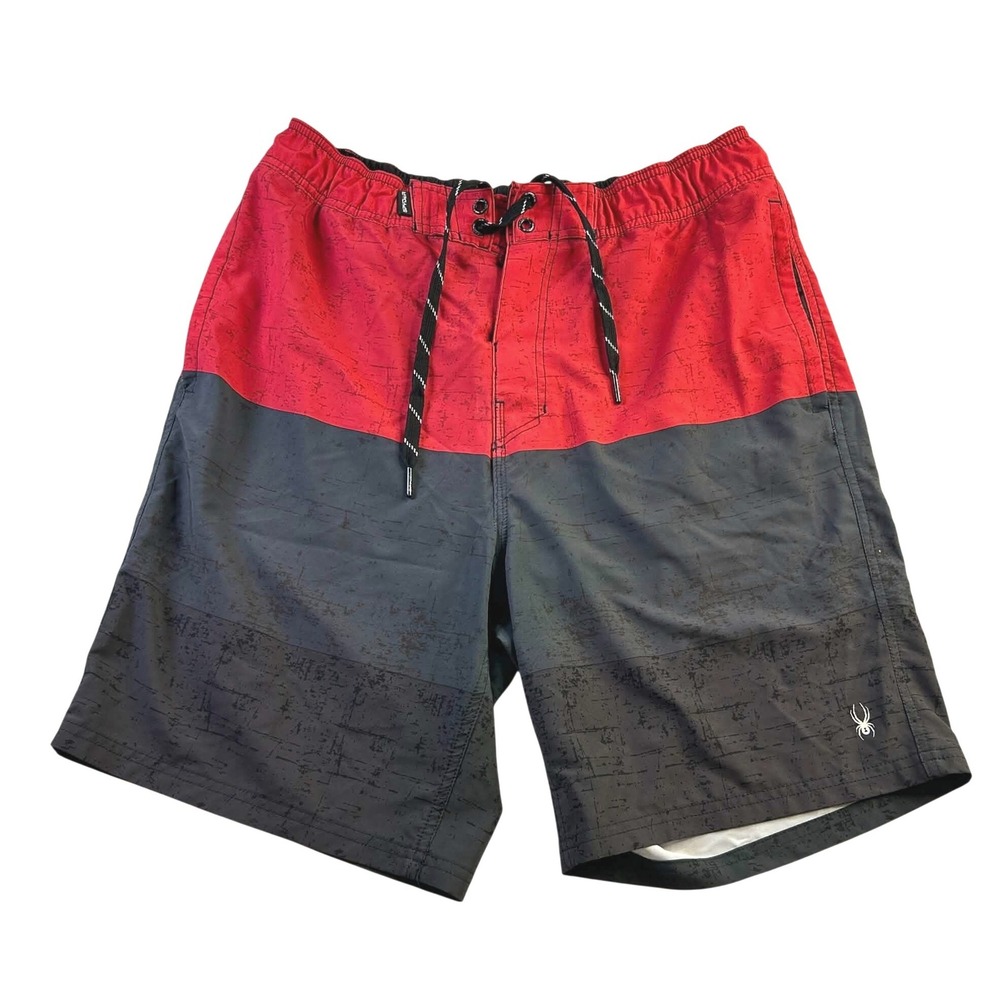 Spyder Mens Board Shorts XL Red Charcoal Gray Colorblock Swim Trunks Mesh Lining